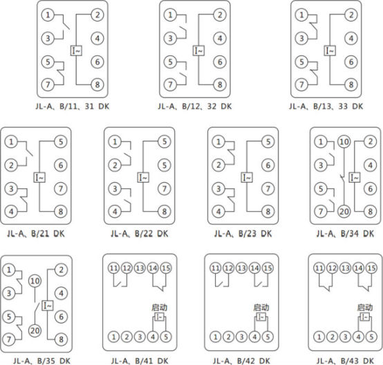 JL-A、B/43 DK無輔源電流繼電器內(nèi)部接線及外引端子圖（正視圖）