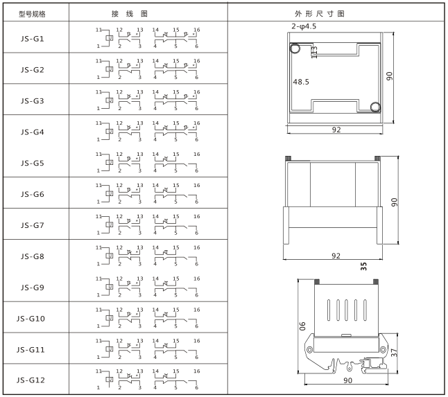 JS-G11端子排靜態(tài)時(shí)間繼電器內(nèi)部端子外引圖及安裝開(kāi)孔尺寸圖片